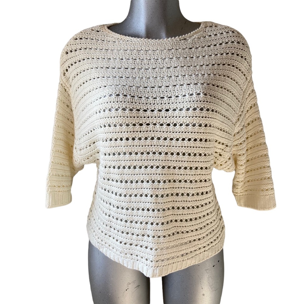 Magaschoni Open Knit Sweater Top Crochet Beige Cottagecore Boho Coastal Sz Small